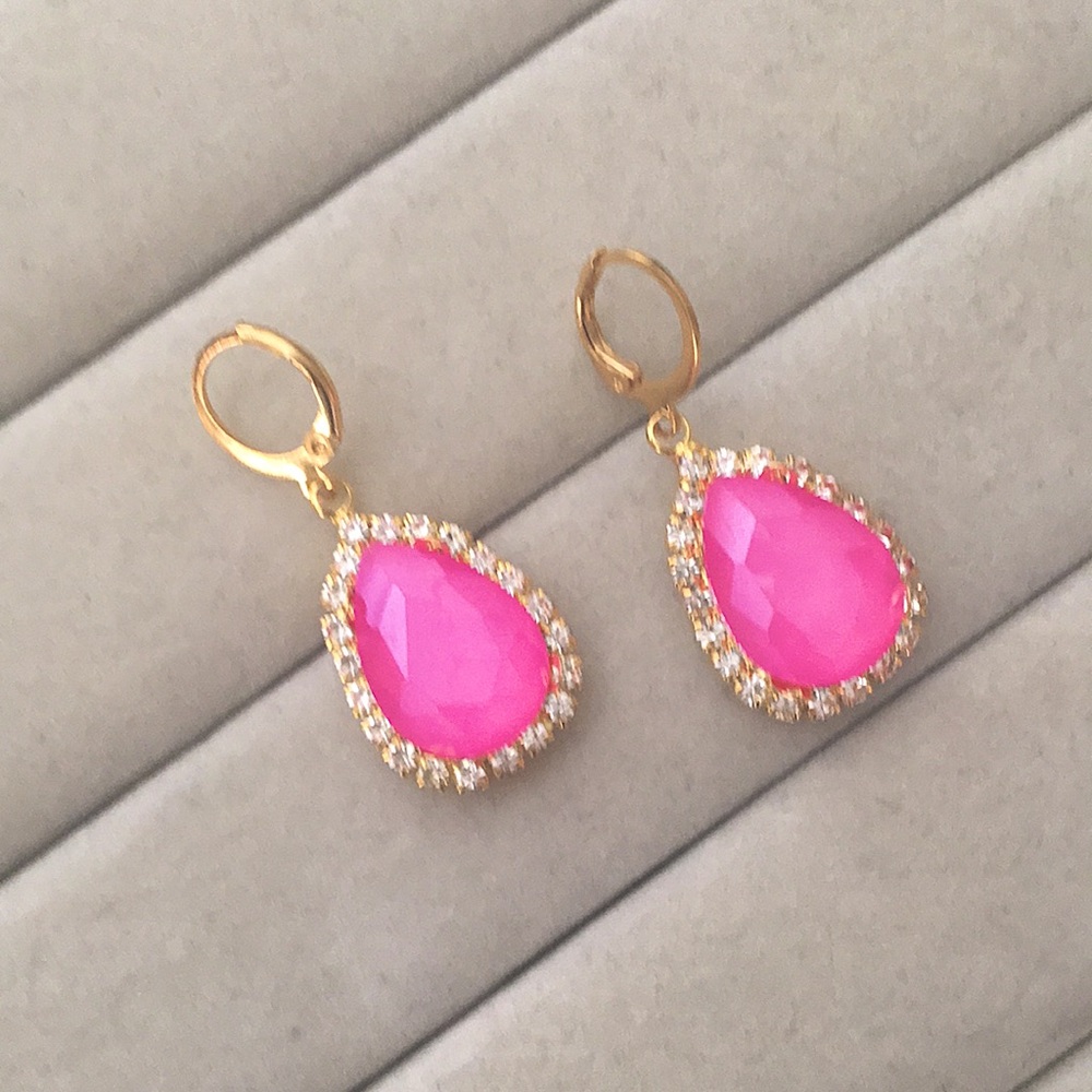 Hot Pink + Gold Crystal Halo Pear Drop Earrings - Picture 6 of 7